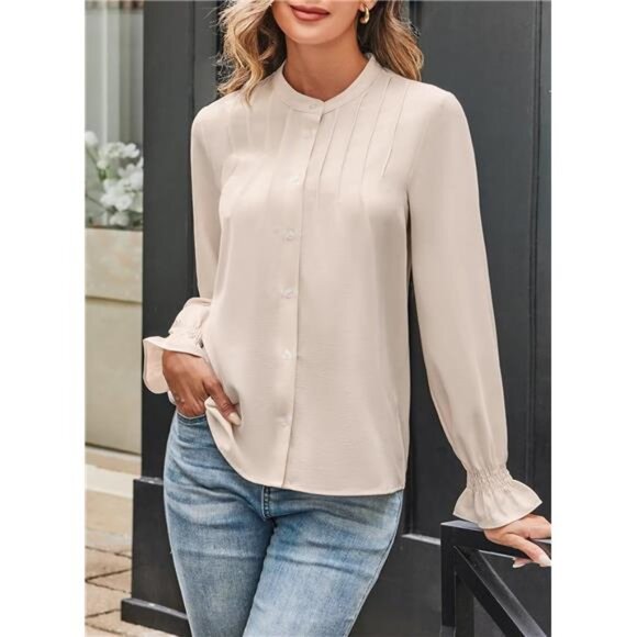 Women’s Chiffon Button Down Blouse | Mandarin Collar Pleated Tunic Top - Picture 3 of 6